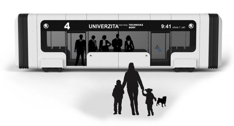 pohled z boku na návrh designu tramvaje bez řidiče, vypadá jako vložený vůz bez kabiny, jsou vidět pouze okna a dvoje dveře